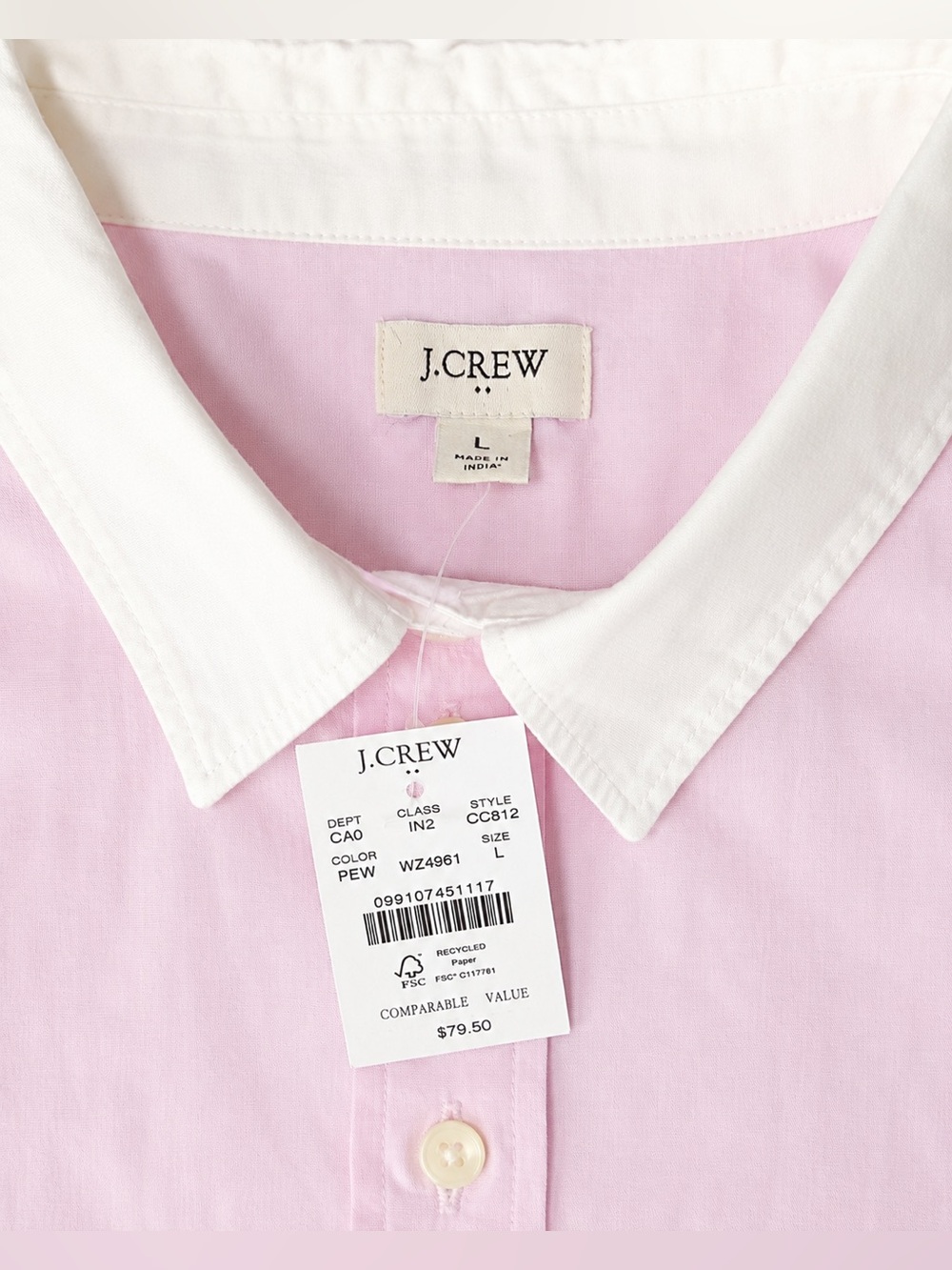 J. Crew Light Pink Women’s Button-Down Shirt with White Collar & Cuffs L - Picture 4 of 7